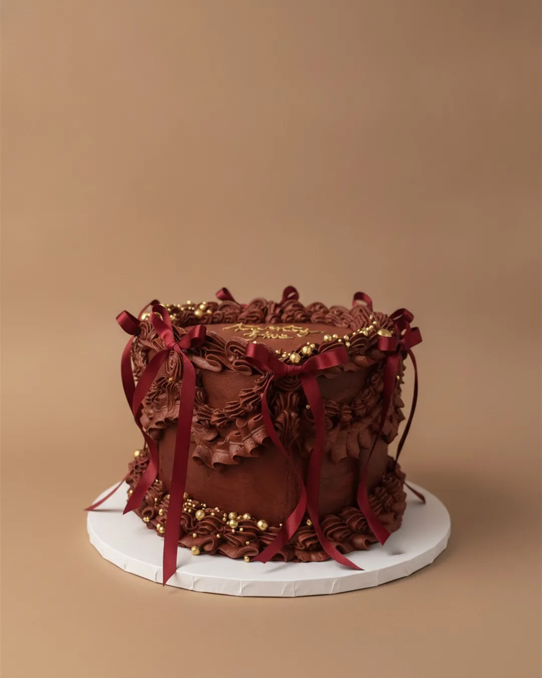 Single-tier burgundy celebration cake with vintage Lambeth piping, satin bows and gold pearl detail