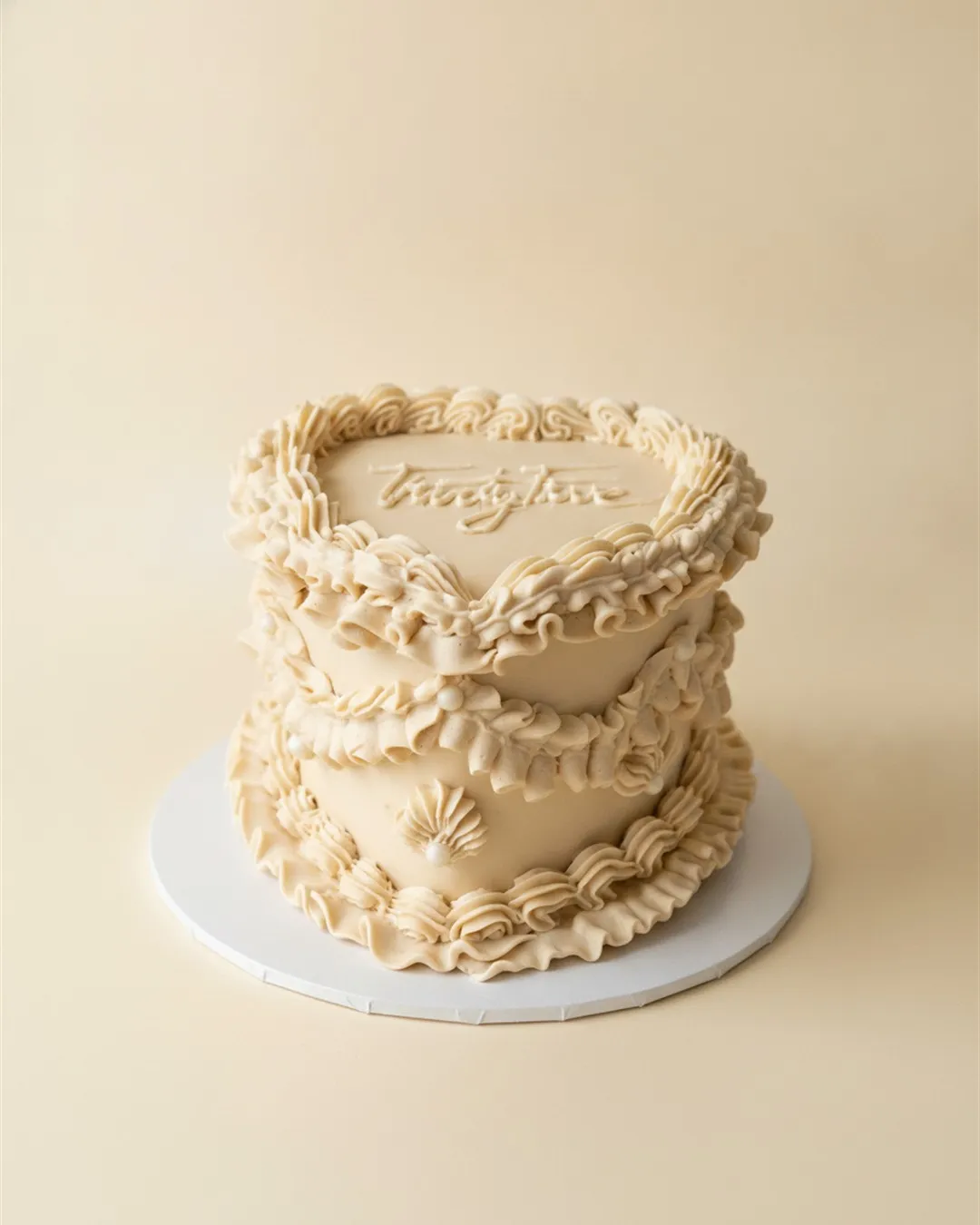 Caramel heart-shaped cake with vintage ruffle piping and script lettering