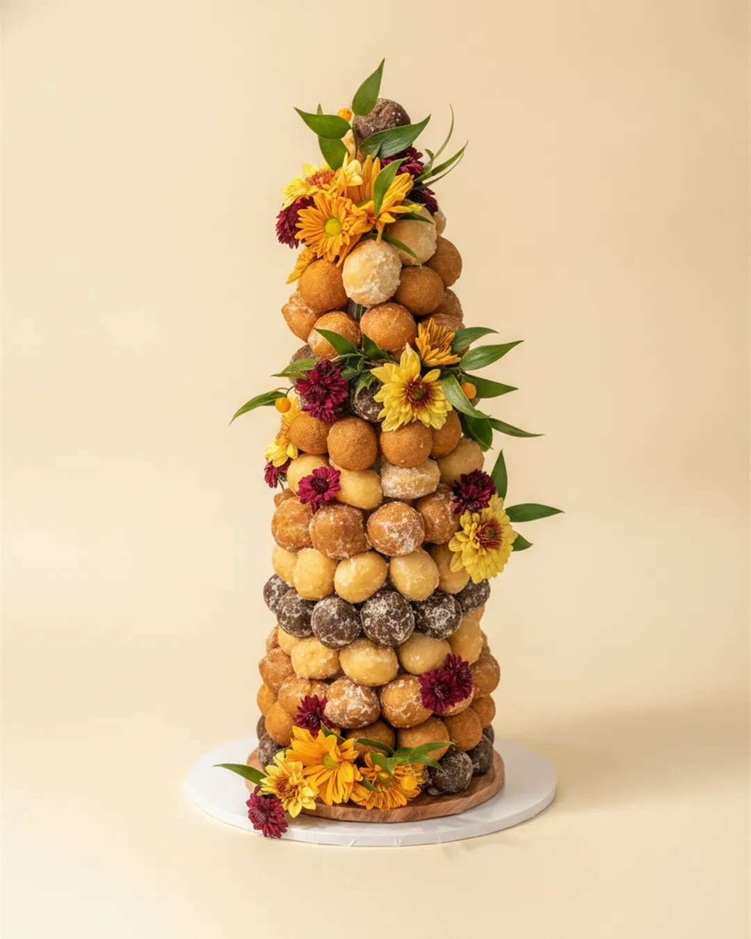 Croquembouche profiterole tower decorated with caramel drizzle and autumn mums and sunflowers