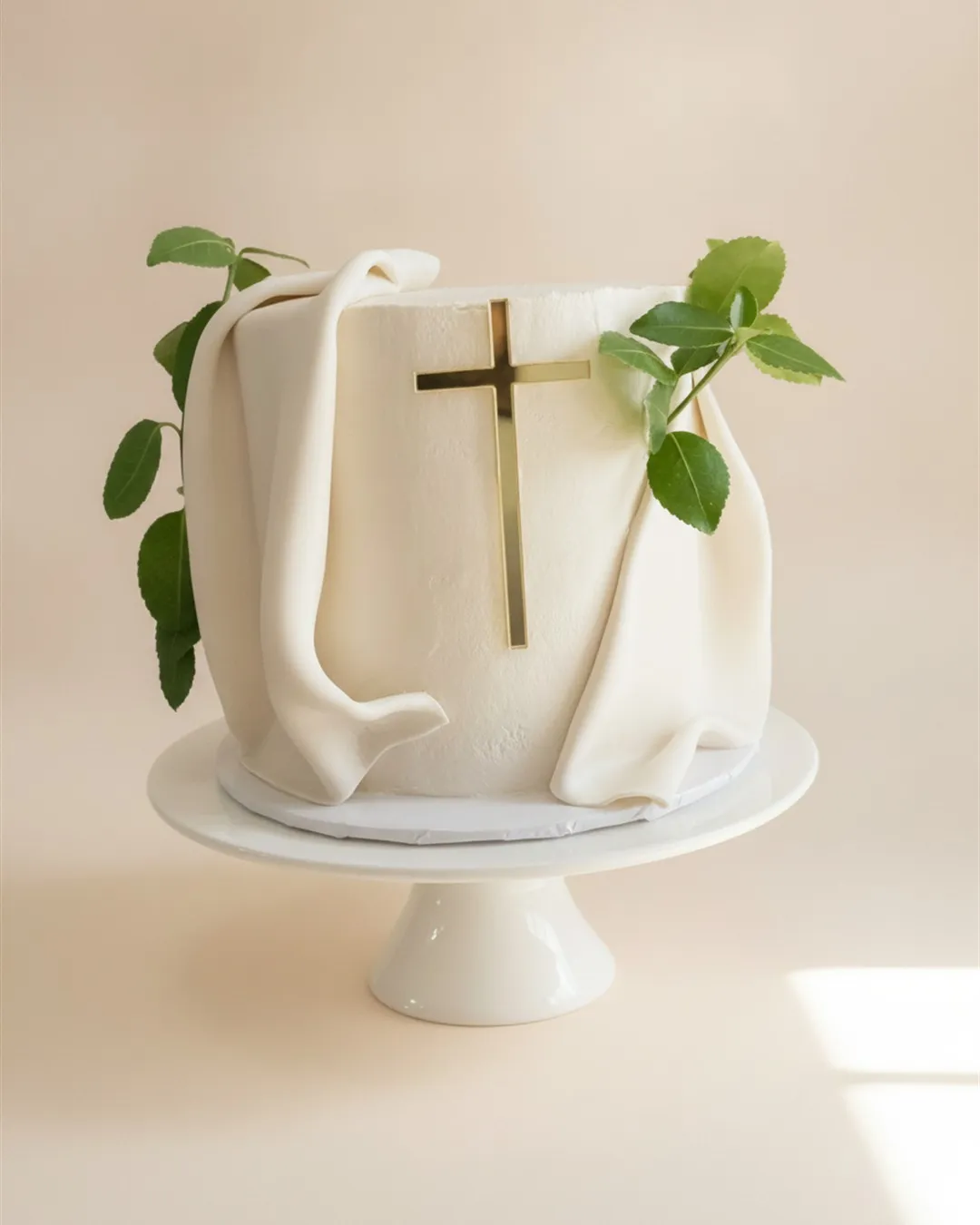 Ivory cake with soft draped fondant, a slim gold cross and fresh green foliage