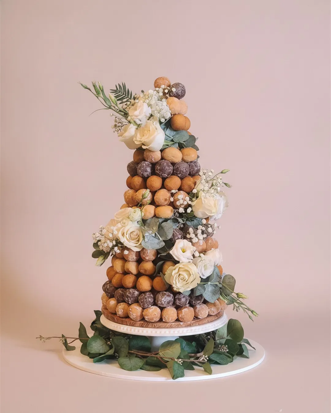 Croquembouche profiterole tower decorated with ivory roses, eucalyptus and trailing greenery