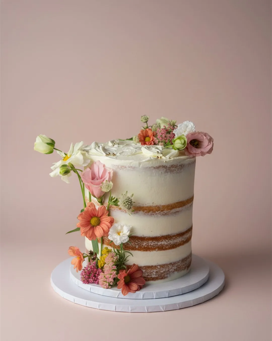 Semi-naked buttercream cake decorated with coral and white fresh flowers in golden light