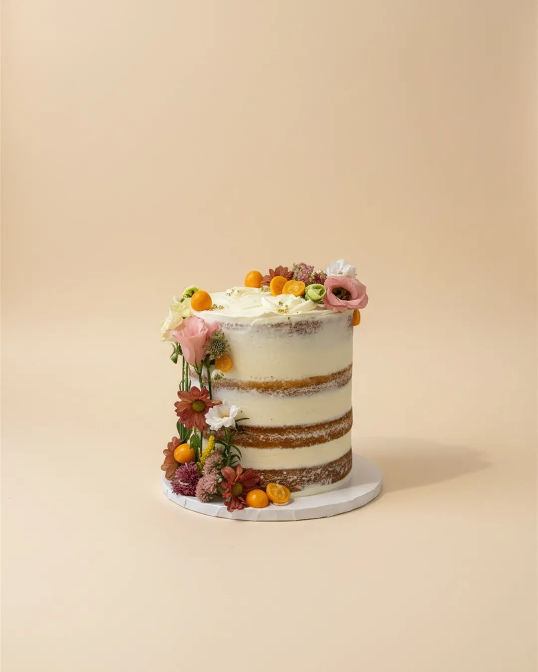 Semi-naked buttercream cake decorated with kumquats and autumn fresh flowers
