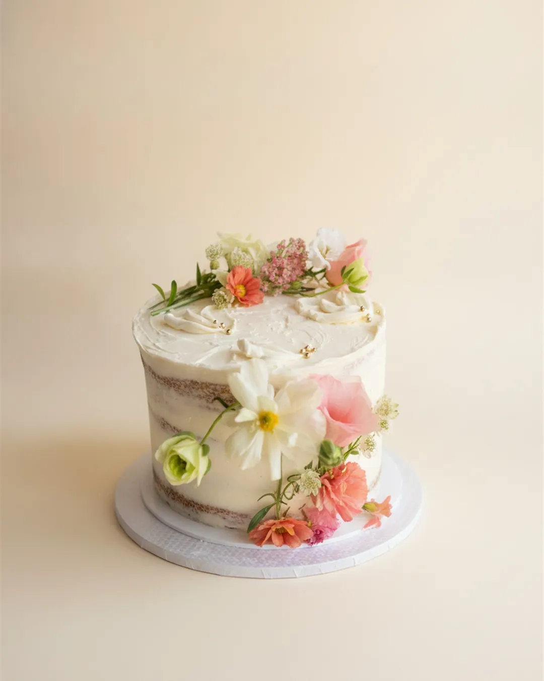 White textured buttercream cake topped with fresh flowers, photographed from above